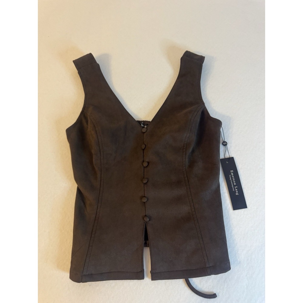 Emerson Lang Faux Suede Button Front Vest Top Brown Smocked Back NWT Small